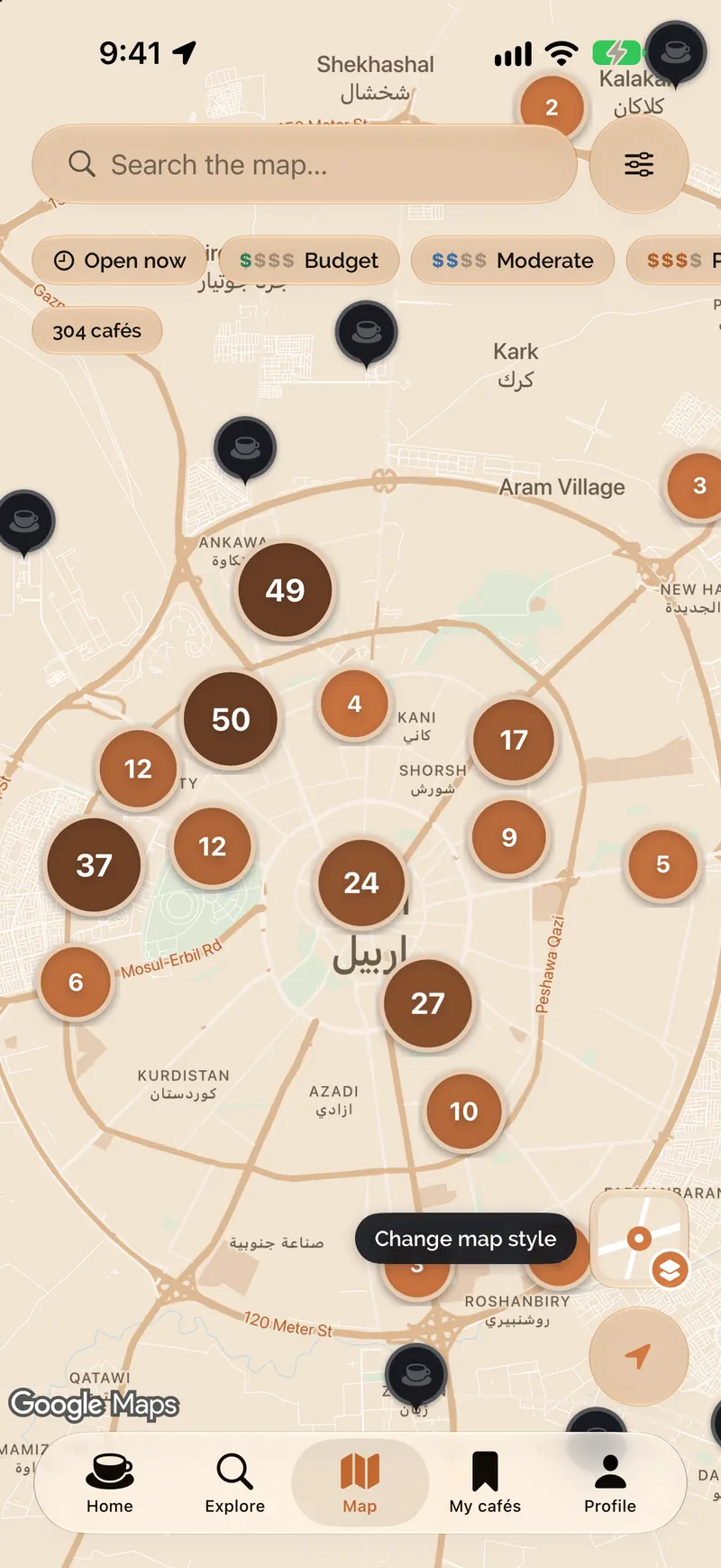 The map of Erbil’s cafés